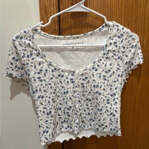 Aeropostale Floral Button-Up Crop Top - White and Blue